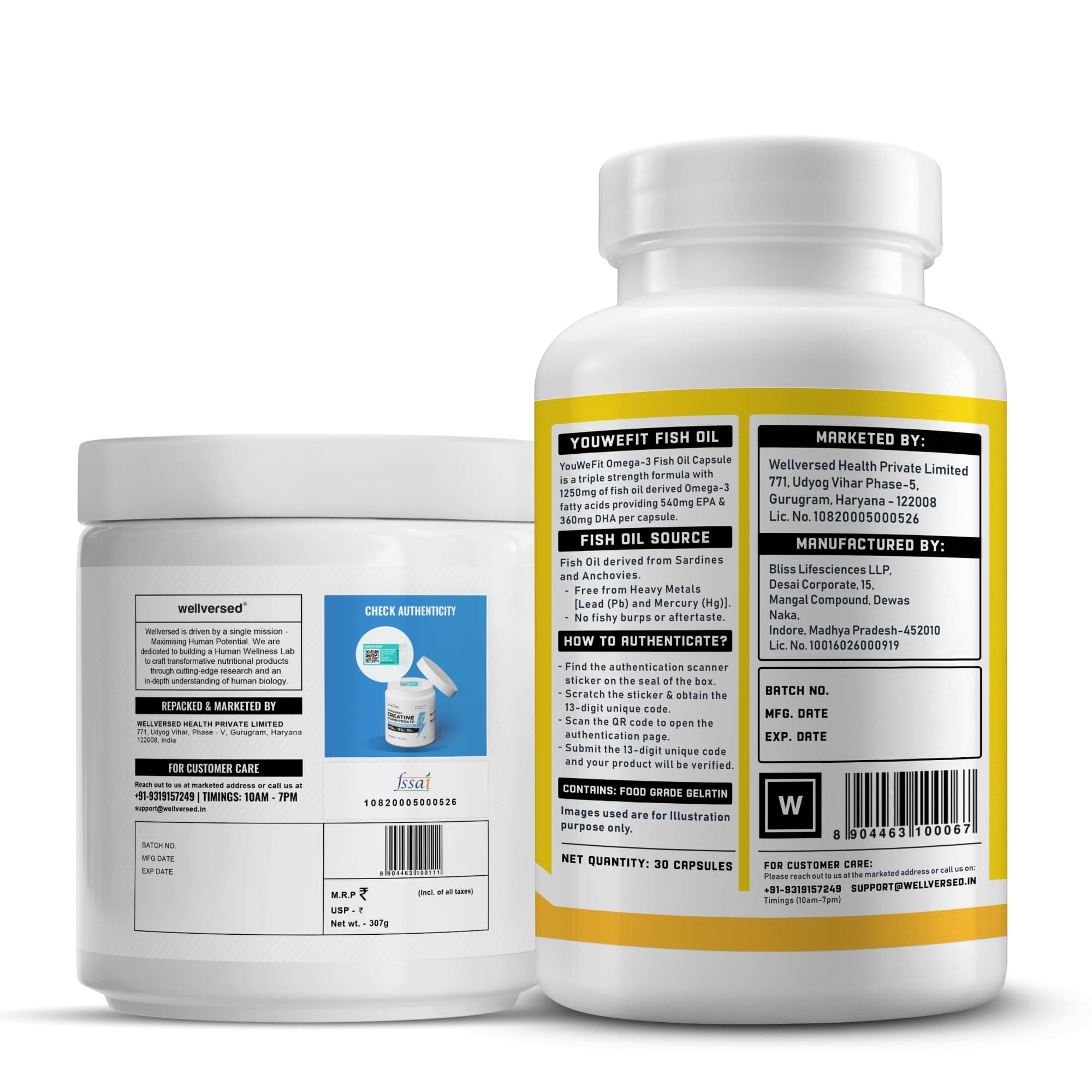 Wellcore Creatine Monohydrate (Fruit Fusion, 83 Servings) + YouWeFit Omega-3 Triple Strength Fish Oil (1250mg, 30 Capsules)