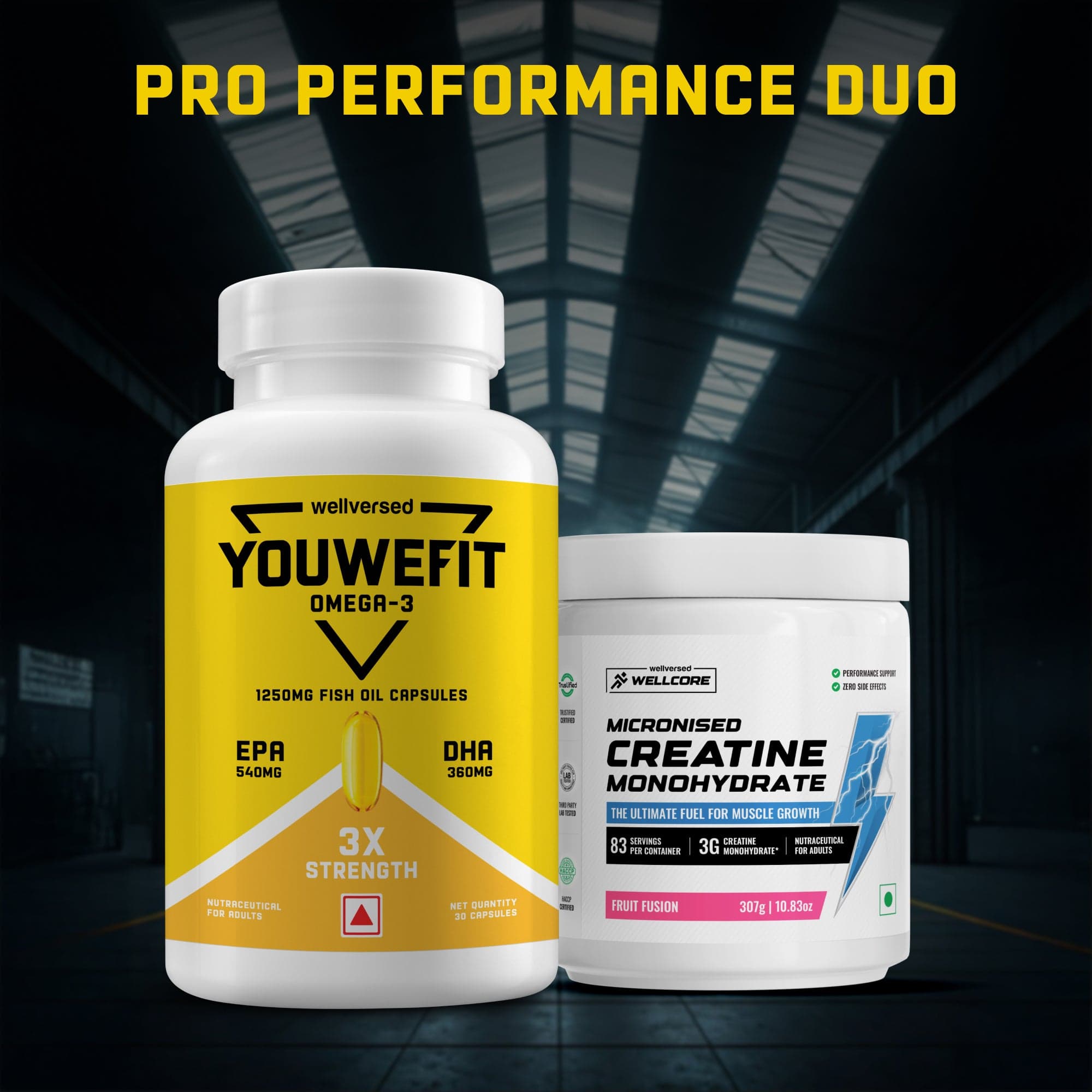 Wellcore Creatine Monohydrate (Fruit Fusion, 83 Servings) + YouWeFit Omega-3 Triple Strength Fish Oil (1250mg, 30 Capsules)