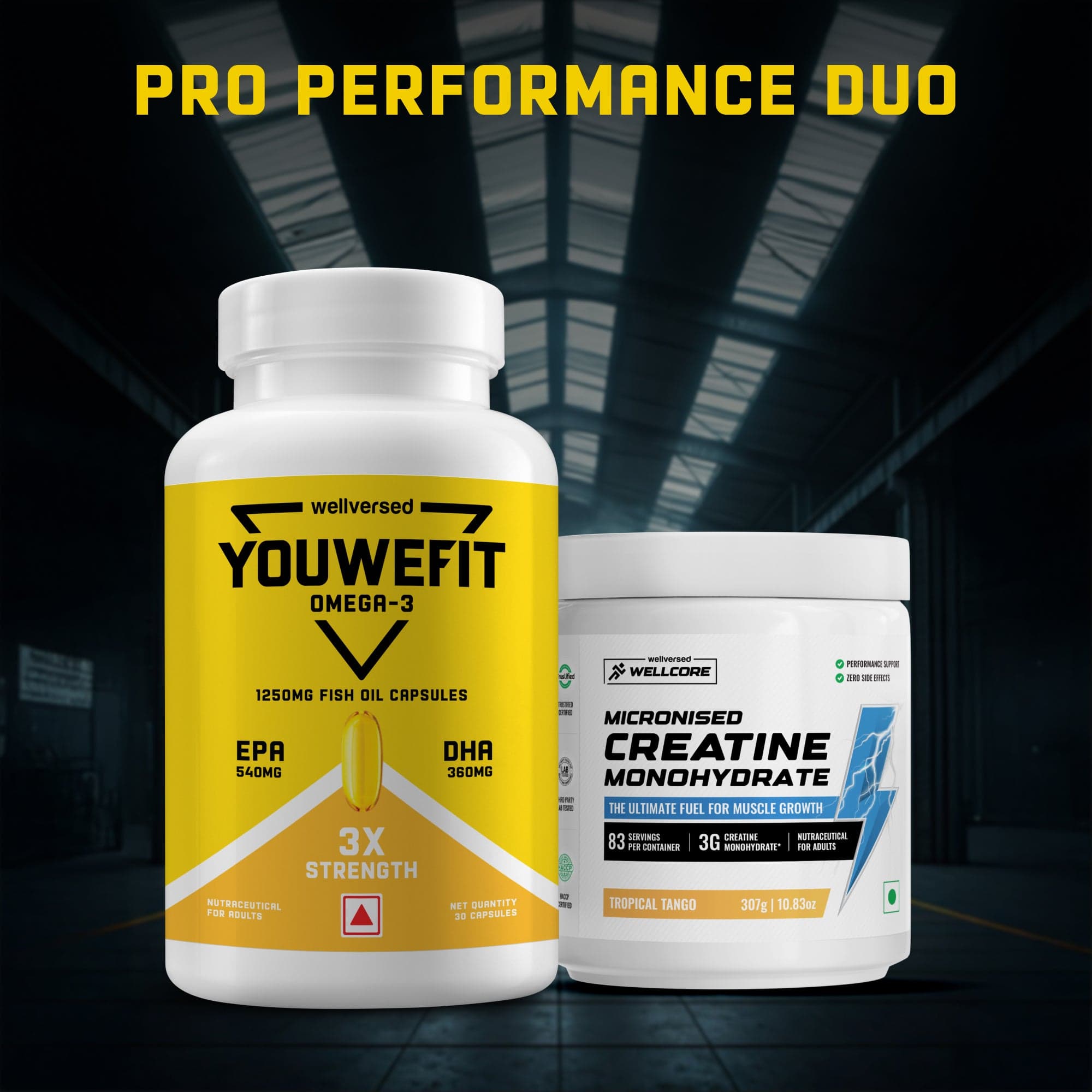 Wellcore Creatine Monohydrate (Tropical Tango, 83 Servings) + YouWeFit Omega-3 Triple Strength Fish Oil (1250mg, 30 Capsules)